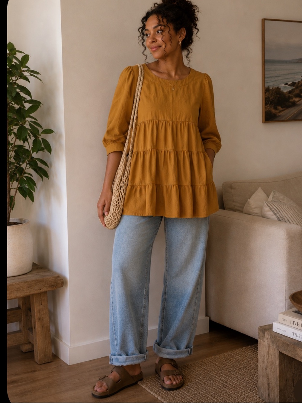 NOFLIK Women’s Mustard Tiered Linen Blend  Tunic Top